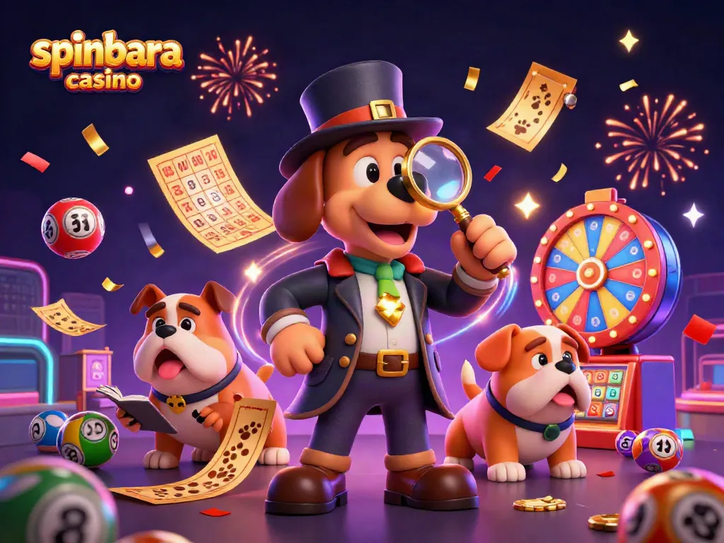 Engage with spinbara casino's vibrant 3D illustration featuring detective characters examining poker clues amid celebratory game elements.
