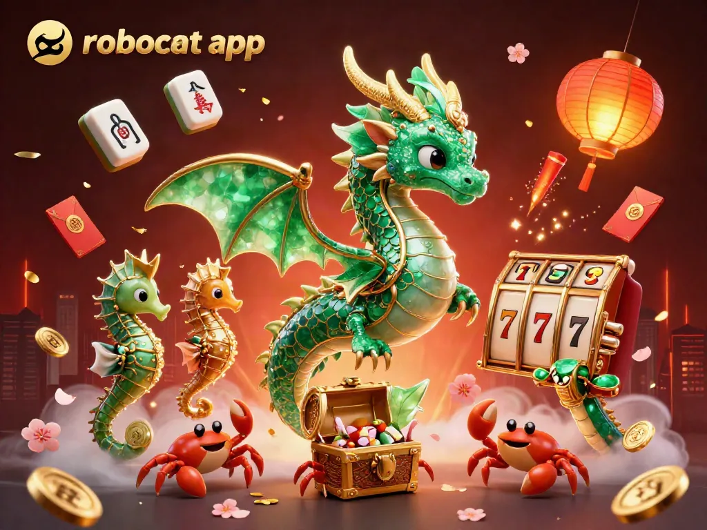 Play exciting games at robocat app with a vibrant illustrated casino scene featuring a leafy sea dragon.