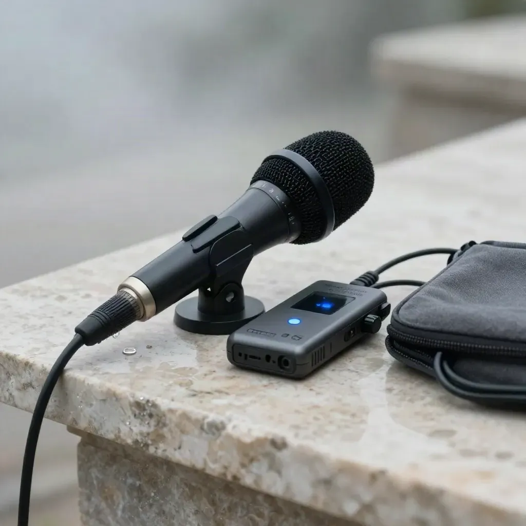 Micrófono broadcast negro con grabadora sobre piedra clara tras la lluvia, con un toque azul.