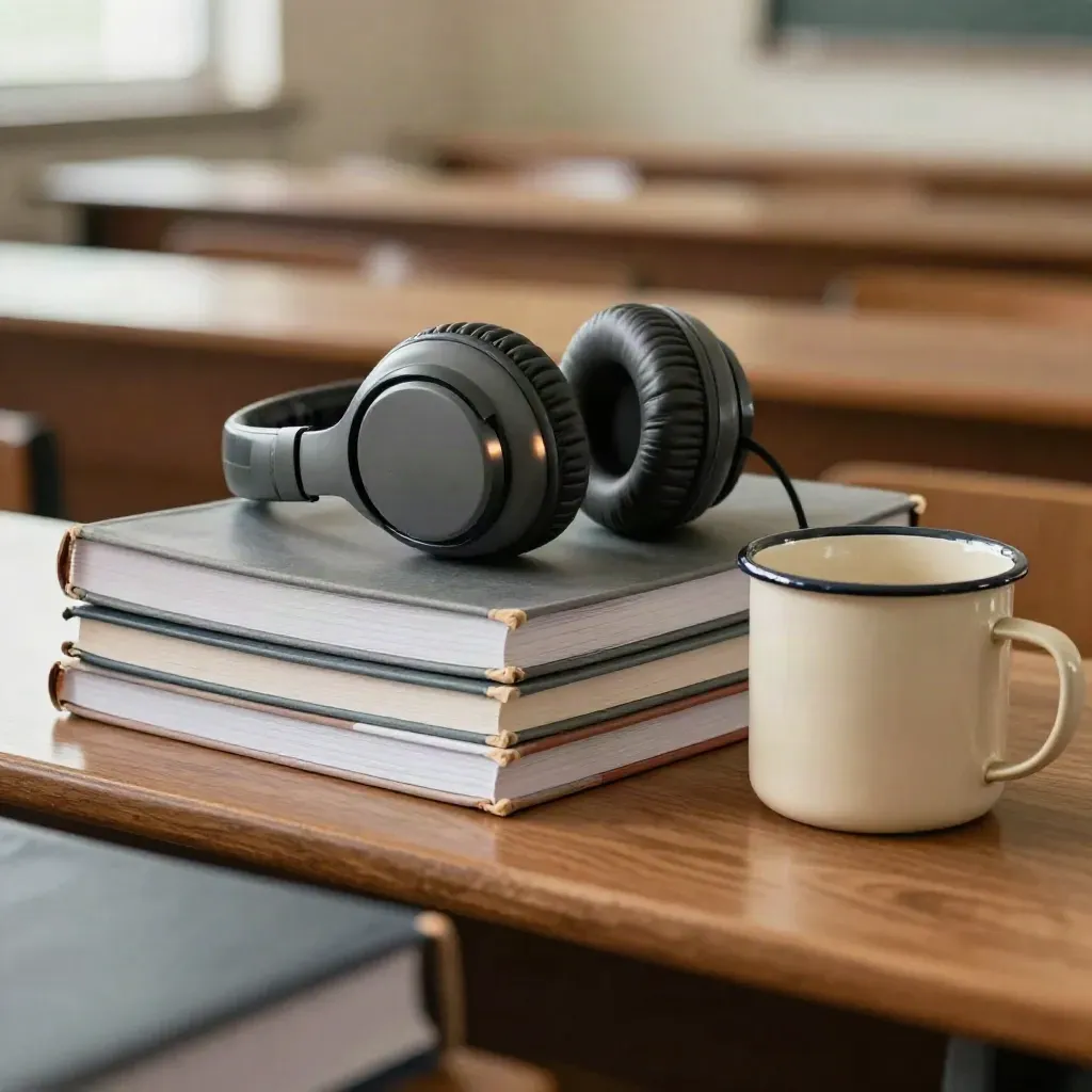 Apuntes apilados, auriculares plegados y una taza esmaltada sobre madera cálida.