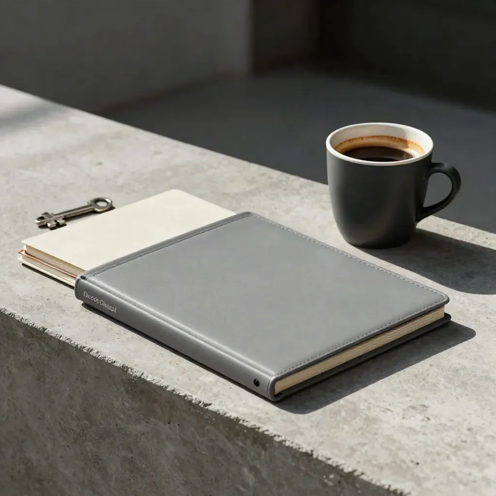 Carpeta gris, bloc cerrado y taza de café oscuro sobre concreto, con luz dramática.