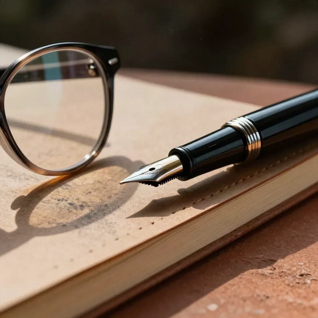 Pluma, cuaderno cosido y gafas oscuras sobre terracota, con luz suave y fondo en bokeh.