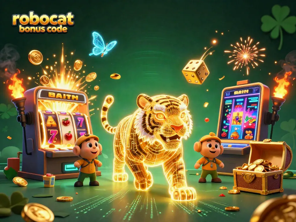 Spin and win with the robocat bonus code in this vibrant 3D casino scene.