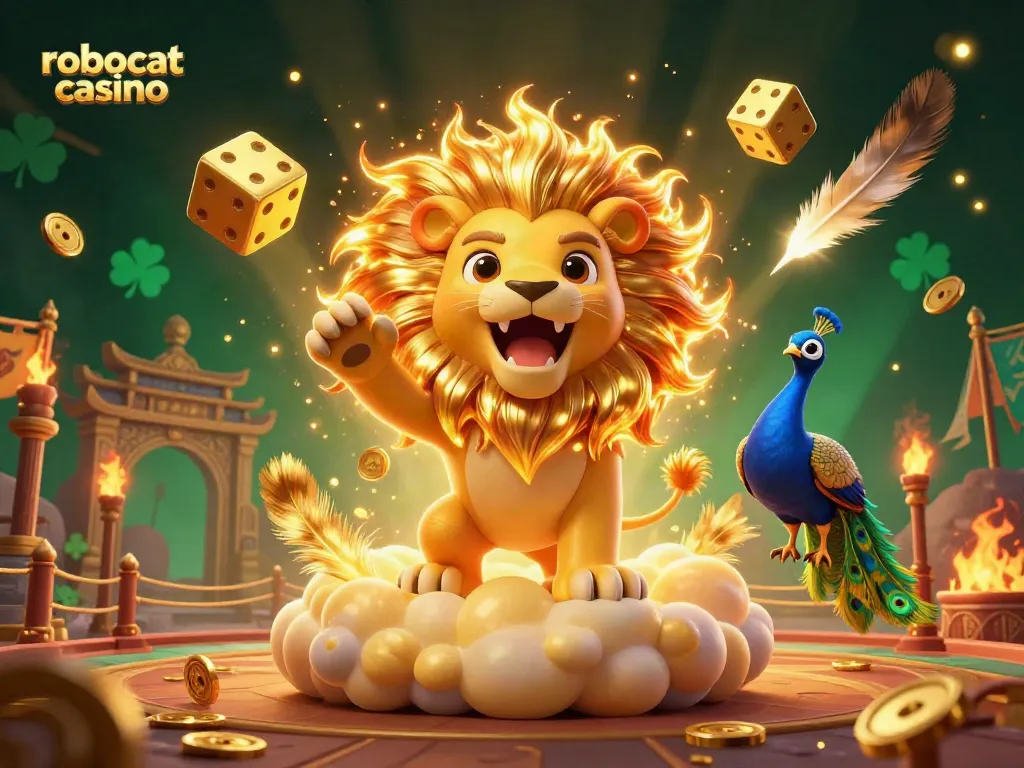 Experience the excitement of robocat casino with a dynamic 3D illustration of a roaring lion and golden dice.